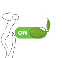 Poster - A green on switch with leaves and a line drawing of a person on a black background in a modern style