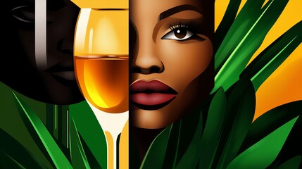 Aufkleber - digital illustration features a woman's face, a glass of alcohol, and green plants against a yellow 