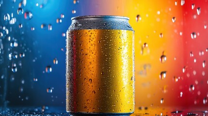 Poster - Classic soda can glistening with condensation against a vibrant colorful backdrop creating reflections and high contrast