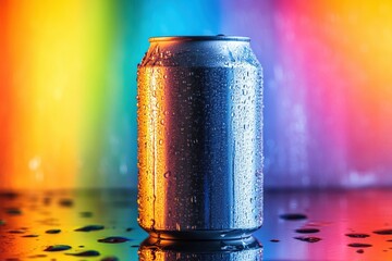 Poster - Soda can with condensation set against colorful backdrop showcasing reflections and vibrancy