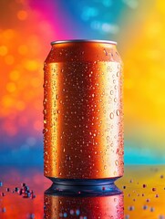 Poster - Classic soda can glistens with condensation against a vibrant, colorful background showcasing reflections and high contrast