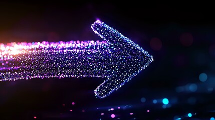 Poster - Glowing purple and blue arrow made of sparkling particles against dark background, digital art concept for direction, progress and technology advancement.