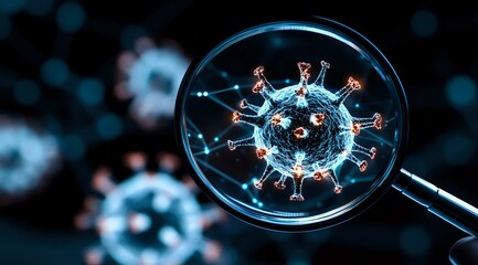 Poster - Magnified virus cell structure in blue neon glow through microscope lens against dark background, scientific research concept for medical and healthcare visualization.