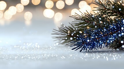 Poster - Festive winter scene with pine branch on sparkling snow surface against blurred golden bokeh lights creating magical holiday atmosphere.