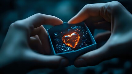 Poster - Glowing orange heart crystal in hands against dark background, magical fantasy concept with mystical light effects and ethereal atmosphere.