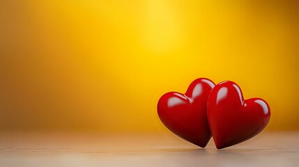 Poster - Two red glossy hearts on wooden surface against warm yellow background, romantic Valentine's Day concept for greeting cards and love declarations.