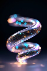Poster - Luminous spiral shape with glowing particles and bokeh effects on dark background, featuring iridescent glass-like surface with scattered sparkles and cosmic dust.