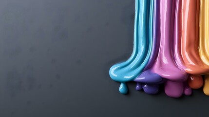 Poster - Colorful liquid drips in blue, purple, pink and orange creating smooth flowing lines against dark background, abstract macro photography for creative design projects.