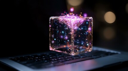 Poster - Glowing transparent cube with magical purple and blue sparkles floating on laptop keyboard, creating mystical atmosphere against dark background with bokeh effect.