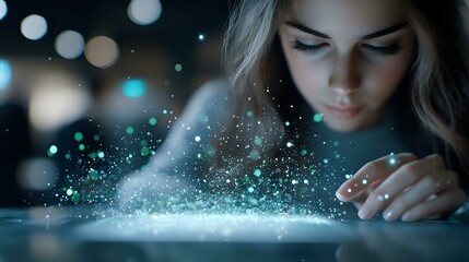 Poster - Young woman interacting with glowing digital particles and lights emerging from touchscreen device, creating magical atmosphere in dark environment with bokeh effects.