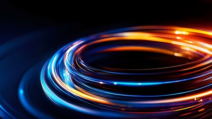 Poster - Glowing spiral light trails in orange and blue colors against dark background create dynamic motion effect for technology and communication designs.