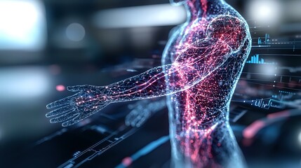 Poster - Digital visualization of human nervous system showing glowing red neural pathways and anatomical connections against dark background with data elements and light effects.