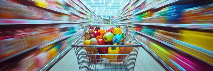 Poster - Shopping cart filled with colorful groceries in a vibrant supermarket aisle showcasing a lively shopping experience