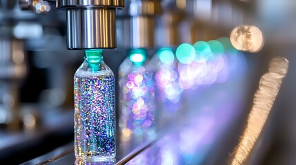 Poster - Colorful glitter particles floating in liquid-filled glass bottle with vibrant bokeh lights creating magical laboratory atmosphere. Scientific experiment concept.