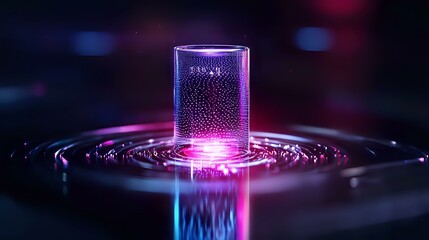 Poster - Glowing futuristic cylinder emerging from rippling liquid surface with neon pink and blue lights creating dramatic reflections and waves in dark atmosphere.