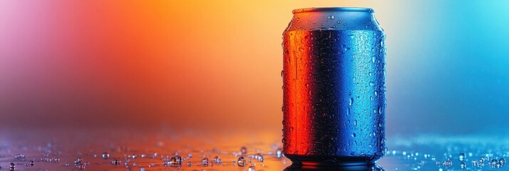Poster - Classic soda can drips with condensation against a vibrant, colorful background enhancing reflections and contrast