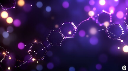 Aufkleber - glowing molecular structure with hexagonal shapes on purple bokeh background, scientific concept wit