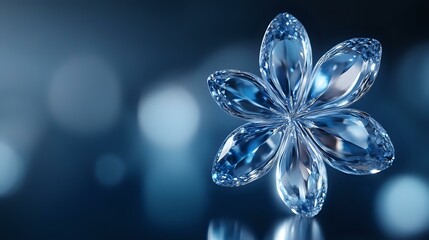 Poster - Crystal clear flower with six petals in luminous blue tones against dark background with bokeh lights creating magical atmosphere. Elegant decorative element.