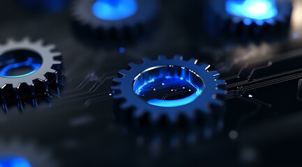 Poster - Glowing blue mechanical gears in motion against dark background, creating futuristic industrial machinery concept with dramatic lighting and depth of field.