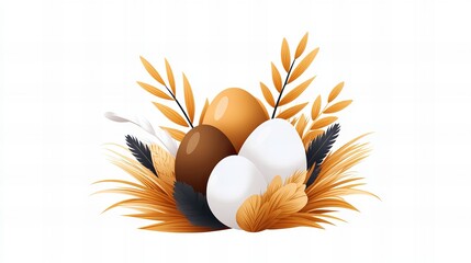 Aufkleber - four eggs of varying colors sit nestled within a bed of stylized straw and feathers against a white 