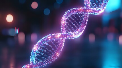 Poster - glowing dna helix structure with pink and blue neon particles on dark background, genetic research c