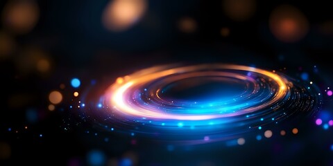 Poster - Glowing spiral light effect with orange and blue neon colors against dark background, cosmic energy swirl with bokeh particles and luminous motion trail.