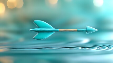 Poster - Sleek turquoise arrow flying over rippling water surface with bokeh light effects in background, representing direction, progress and forward momentum.