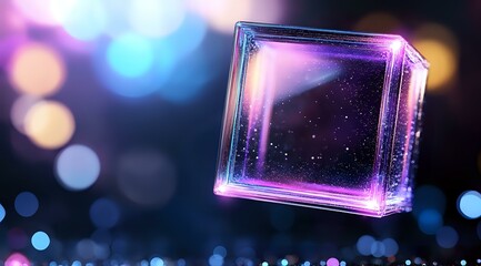 Poster - Glowing purple cube with magical sparkles floating in dark space against blurred bokeh lights background, mystical cosmic portal concept.
