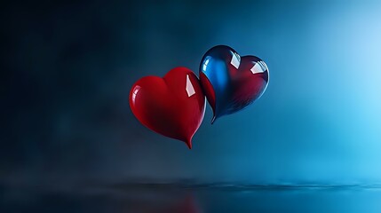 Poster - Red and blue glass hearts floating against dramatic blue background with soft shadows and reflections, romantic concept for Valentine's Day and love themes.