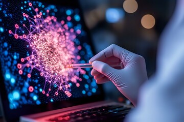 Poster - Scientist in protective gloves analyzing molecular structure visualization on laptop screen with glowing pink and blue network connections in dark lab.