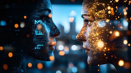 Poster - Digital and organic faces in profile facing each other, one made of blue data streams and another with golden light particles, representing artificial intelligence and humanity.