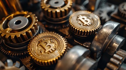 Poster - Mechanical gears and cogwheels with cryptocurrency bitcoin symbols engraved, representing blockchain technology and digital finance mechanisms in motion.