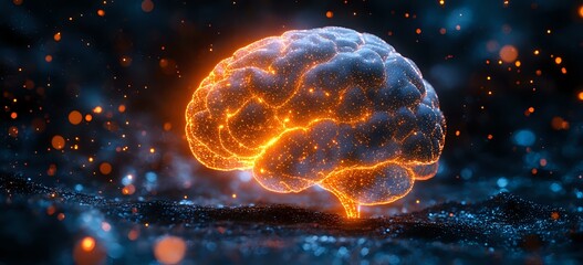 Poster - Glowing orange and blue brain visualization with neural network connections floating in dark space with bokeh light effects and reflective surface.