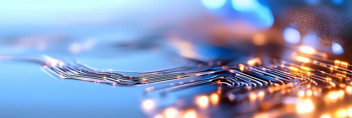 Poster - macro view of electronic circuit board with glowing connections and bokeh lights in blue and orange 