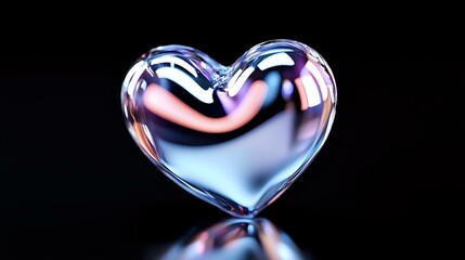 Poster - Iridescent glass heart with holographic rainbow effect reflecting pink and blue colors on black background with mirror reflection, suitable for romantic designs.