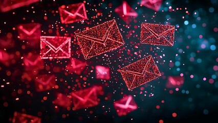 Poster - Flying red envelopes against a dark blue background, symbolizing email and communication. These digital envelopes suggest the exchange of information, connecting people across the globe