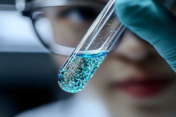 Poster - laboratory test tube with sparkling blue liquid and bubbles held by scientist in protective gloves d