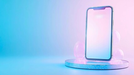 Poster - A modern smartphone, with a blank screen, rests on a round stage, lit with an artistic interplay of soft blue and pink hues. The scene is enhanced by the presence of orbs