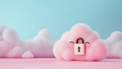 Poster - A cute, fluffy pink cloud with a smiling face, securely locked with a padlock, against a pastel sky backdrop, representing data protection.