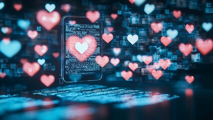 Poster - A digital display with a heart in the center surrounded by numerous floating hearts