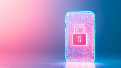 Poster - A smartphone displaying a digital padlock, symbolizing security and privacy in the digital age. The phone is illuminated with a vibrant neon glow.
