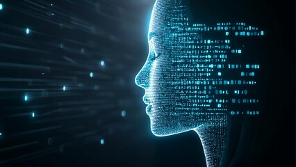 Poster - A mesmerizing digital portrait of a woman's face, constructed from data streams and glowing particles. The composition symbolizes the intersection of humanity and technology, intelligence and data