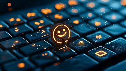 Poster - An illuminated emoji symbol on a keyboard, concept of digital communication. Focus on a key with the smiley face lit up, set against a backdrop of other keyboard keys. 