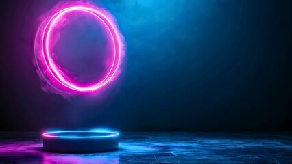 Poster - A neon circle hovers above a stage-like podium, bathed in vibrant blue and pink light, set against a dark, enigmatic background