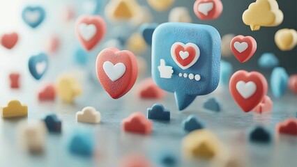 Poster - A vibrant display of social media icons, including hearts and a thumbs-up, floats in a captivating three-dimensional space. This imagery symbolizes the interconnected world of online interactions.