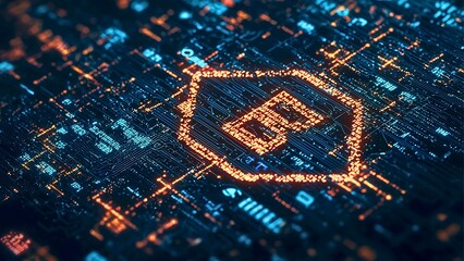 Poster - A glowing circuit board with digital symbols and a shield. The image creates a sense of digital security.