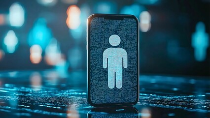 Poster - A phone screen with a man icon, symbolizing personal data and security. The phone is lit with a blue glow, hinting at digital information 