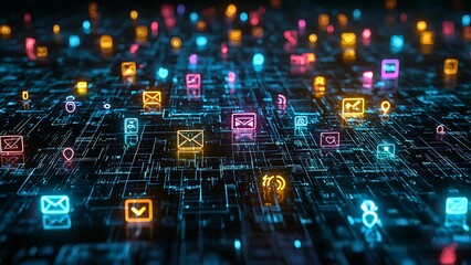 Poster - A digital world of icons. The image shows an abstract representation of a network of communication. The bright colors and glowing lines add a sense of vibrancy and movement.