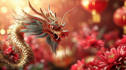 Fototapete - Golden dragon with red flowers background. Chinese dragon is symbol of the new year in the year 2024. A red and gold lantern with a flower and a red zodiac. Golden dragon lifestyle set against a.