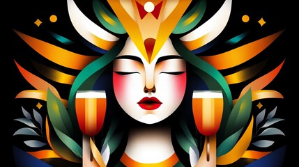 Poster - illustrated woman with closed eyes holds two glasses of amber liquid in front of a black background 